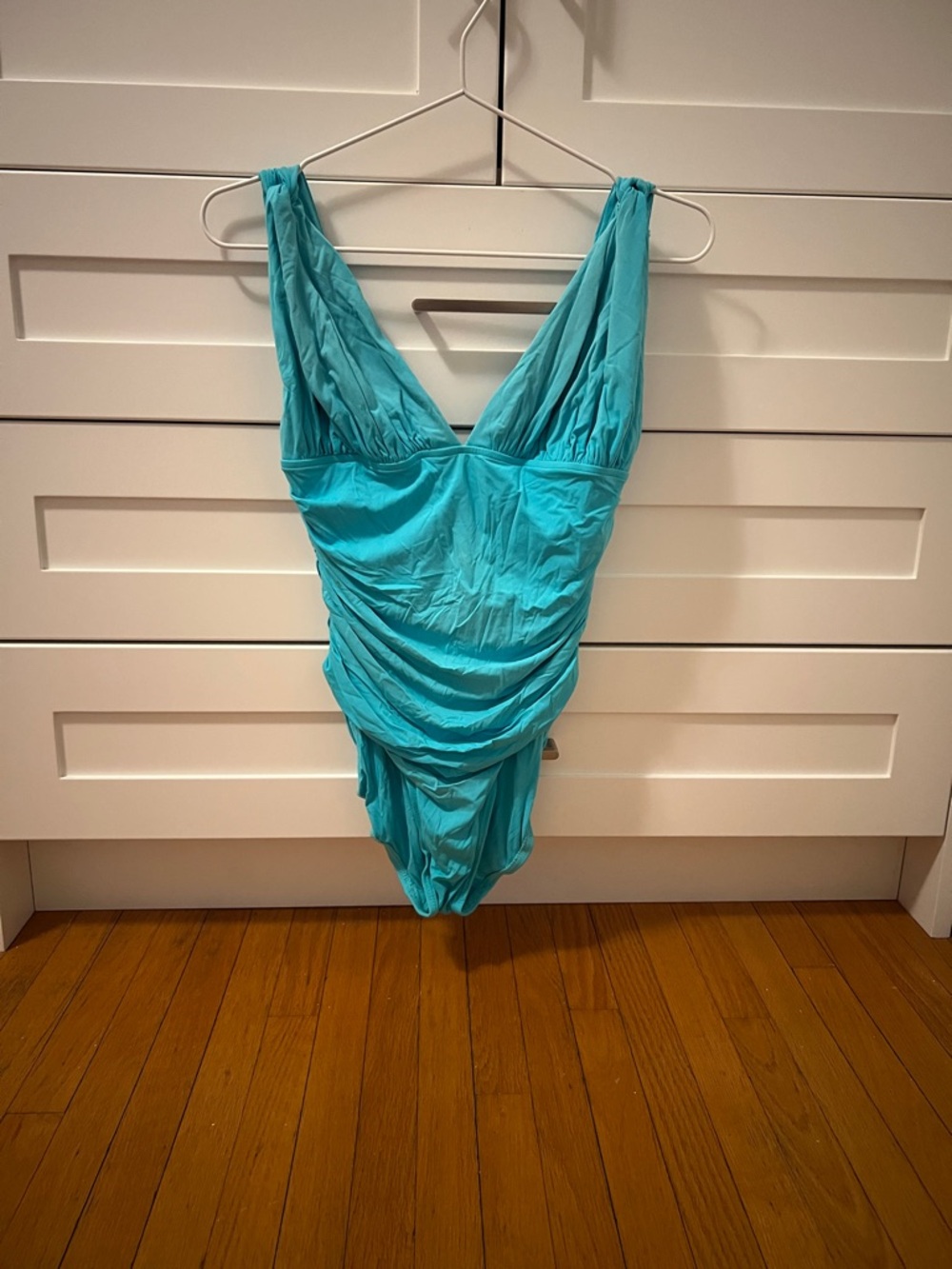 Carmen Marc Valvo Turquoise One-Piece Swimsuit with cover up shirt